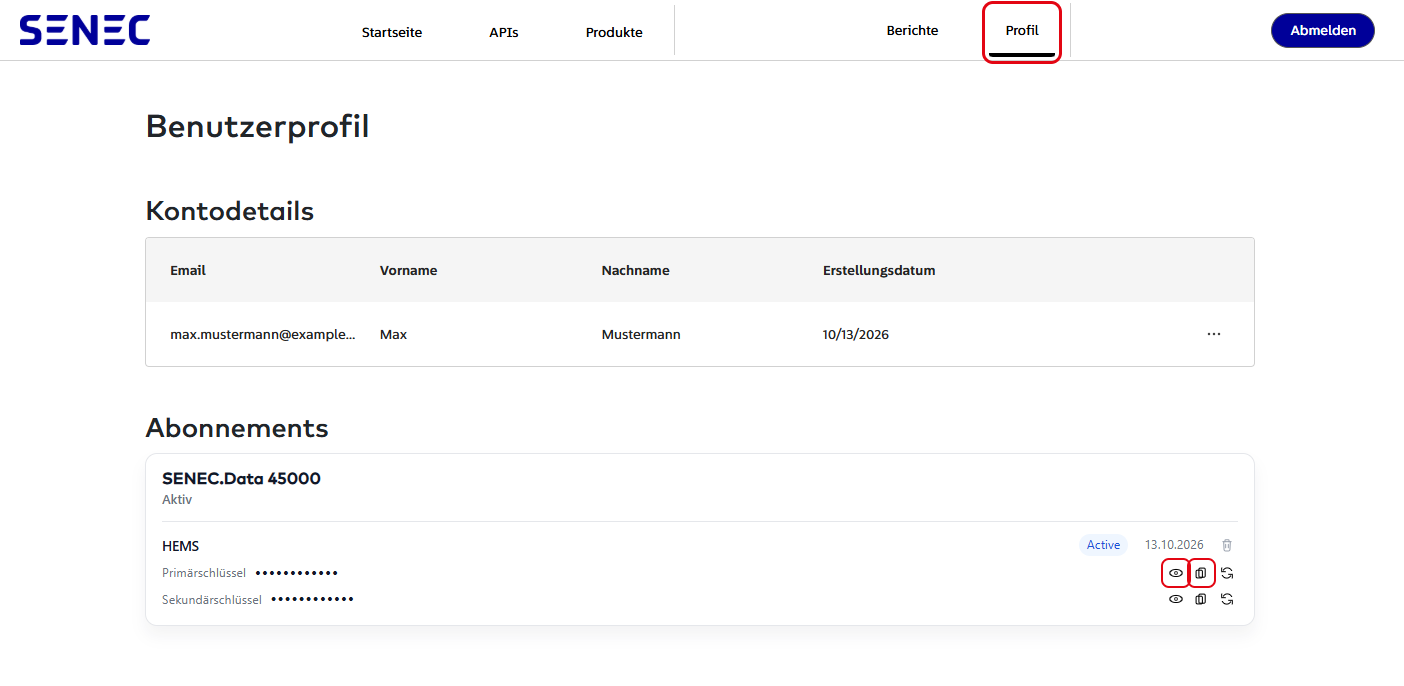 SENEC developer portal: profile, copy primary key